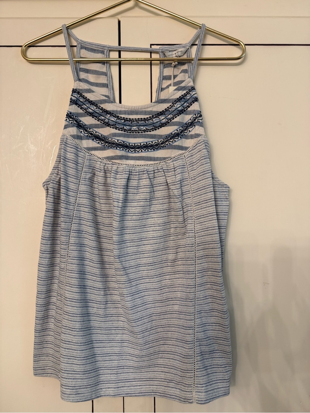 NWT Lucky Brand Light Blue Striped Embroidered Tank Top Shirt